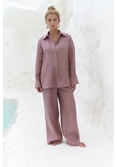 Mai Collection Mai Studios Co. Jelsomina Oversize Açık Bordo Keten Gömlek Pantolon Takım Acık Bordo