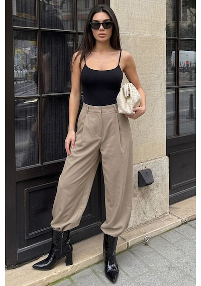 Madmext Bej Pileli Cepli Balon Kadın Pantolon Mg2692