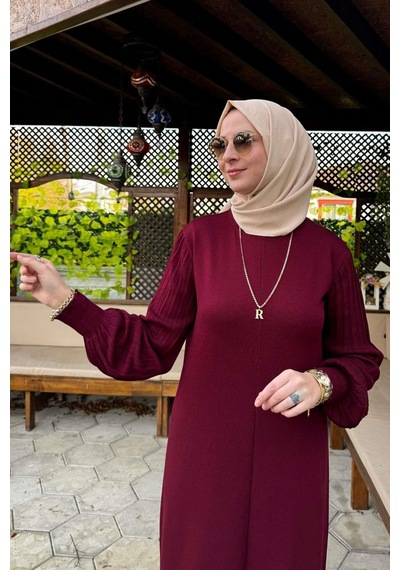 Rabia Şamlı Ecem Bordo Triko Elbise Normal