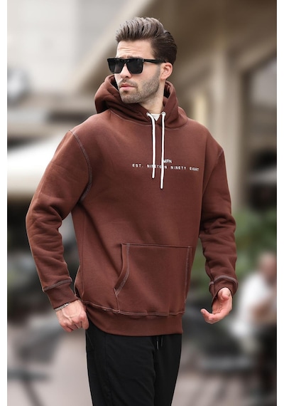 Madmext Acı Kahverengi Kapüşonlu Nakış Detaylı Cepli Erkek Sweatshirt 7066-acı Kahverengi Acı Kahverengi
