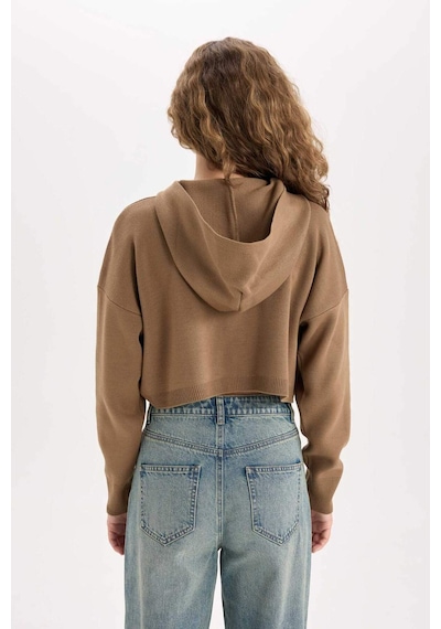 DeFacto Regular Fit Kapüşonlu Basic Düz Fermuarlı Triko Hırka E2270AXNSBN551 Kahve