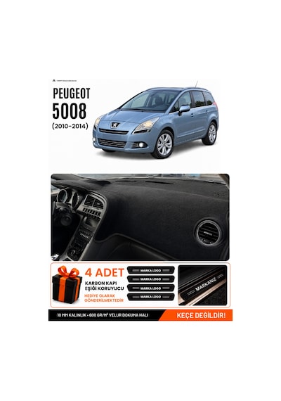 Peugeot 5008 Ekransız 2010-2014 Uyumlu Torpido Örtüsü, Torpido Kılıfı - Siyah