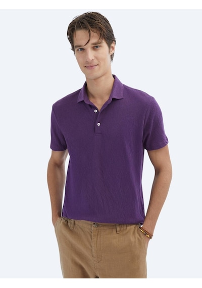 Kip Mor Düz Polo Yaka Pamuk Karışımlı T-shirt Mor