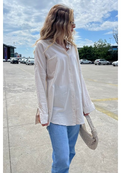 Madmext Bej Oversize Basic Cepli Poplin Gömlek Mg1530 Bej