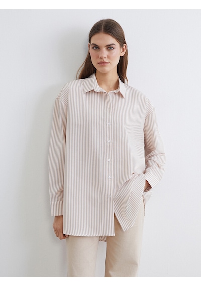 Lc Waikiki Lc Waıkıkı Bej Çizgili Oversize Poplin Kadın Gömlek Tunik