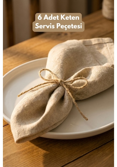 Lınen 6 Adet Organik Ham Yıkanmış Keten Servis Peçetesi 40 X 40 Cm Sofra Sunum Seti Bej