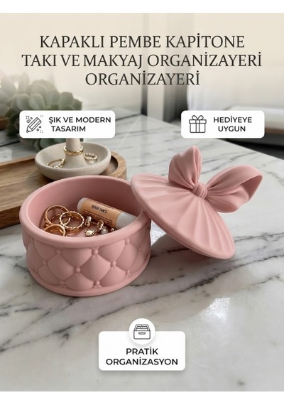 Lüks Kapitone Tasarımlı Takı Kutusu Ve Dekoratif Aksesuar Çanağı Pembe