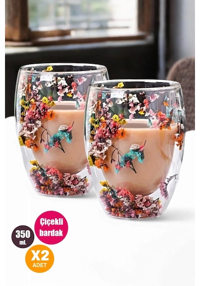 Tilbe Home 2'li Çift Cidarlı Flower Cup 350ml Çiçekli Bardak Kahve Çay Bardağı El Yapımı Cam Bardak Çiçekli