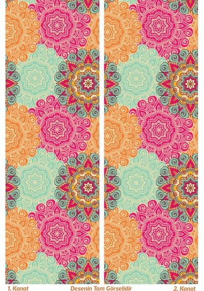 Mandala Desenli Süet Oturma Odası Salon Fon Perde Dijital Baskılı Ekstrafor Büzgü 2 Kanat Prd-1099 Çok Renkli