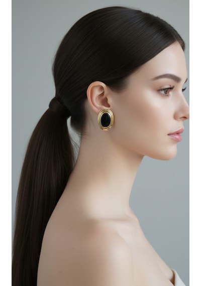 Vintage Gold Oval Siyah Taşlı Küpe - Retro Şıklık Altın - Siyah