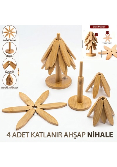 4'lü Standlı Bambu Nihale Pratik Katlanır Nihale Bambu Bardak Tencere Altlığı Isıya Dayanıklı