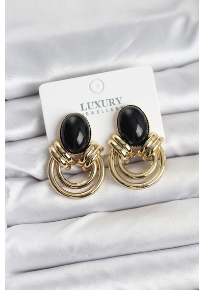 Bay Pirinç Gold Renk Siyah Taşlı Vintage Kadın Küpe Najmaddin Standart