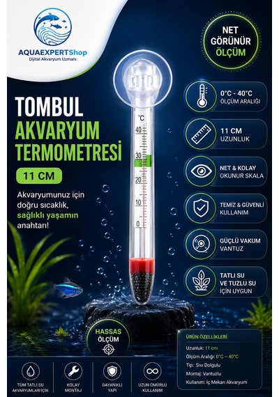 Akvaryum Tombul Termometre - Cam Termometre - Hassas Ölçüm - 0/40 Derece Arası Ölçüm - Net Görünüm - Güçlü Vantuz