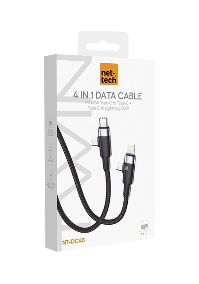 Nettech Nt-dc45 60w+30w Plastik 100 Cm Type-c To Type-c+lightning Şarj Ve Data Kablosu Siyah