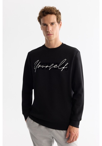 Avva Erkek Siyah Bisiklet Yaka Pamuklu Baskılı Elastan Regular Fit Sweatshirt A42y1258