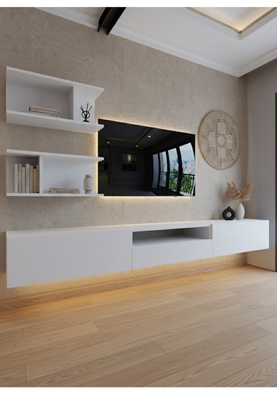 Resital Ledli Duvara Monte Tv Sehpası - Beyaz - W6015-1 Beyaz