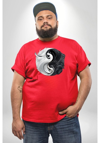 Angemiel Kırmızı Beyaz Ying Yang Kırmızı Büyük Beden Erkek Kadın Unisex Basic Ön Baskılı Tişört Kırmızı