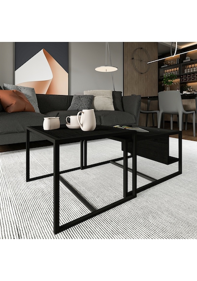 Batı 2 Li Modern Orta Sehpa Takımı Metal Ayaklı, Alt Raflı Siyah
