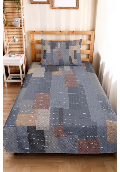 Mavi Geometrik Modern Genç Odası Tek Kişilik Pike Takımı-gri Vizon 160x220 Cm Kapitone Yatak Örtüsü Turkuaz