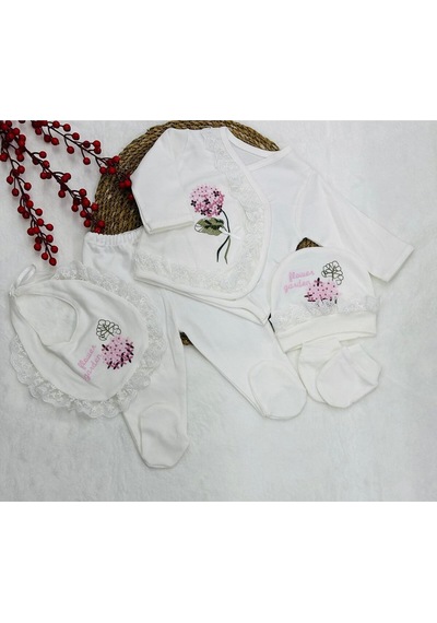 Eda Baby Kanaviçe Gül İşlemeli 5'li Set Hastane Çıkışı Yenidoğan Beyaz