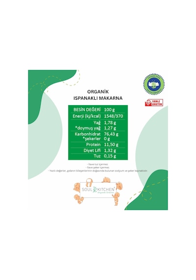 Soul Kitchen Organik Ispanaklı Makarna İlave Tuzsuz Vegan 330 G