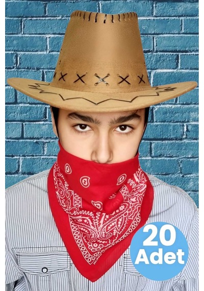 Uniquetrenders Çocuk Unisex Bandanalı 20'li Nubuk Kovboy Şapkası 8-14 Yaş Cappuccino 2