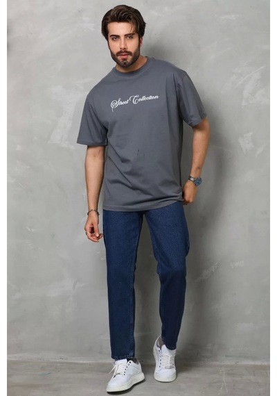 Unisex Bisiklet Yaka Baskılı Oversize T-shirt - Füme Füme