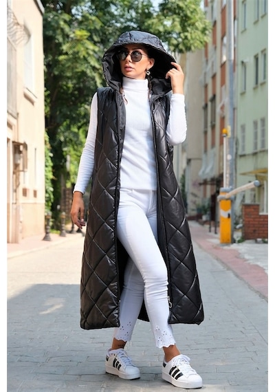Keyifli Moda Kadın Siyah Kapüşonlu Cepli Baklava Desen Uzun Şişme Yelek