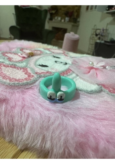 Sevimli Squidward Figürlü Turkuaz Çocuk Yüzük Sabit Ölçülü Reçine Karikatür Takı Gümüş - Gri