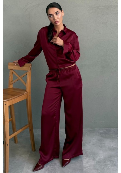 Madmext Bordo Saten Gömlek Pantolon Takım Mg2745