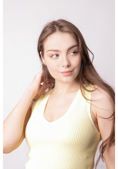 Kadın Likralı Esnek Triko V Yaka Kaşkorse Body Bluz-sarı Sari