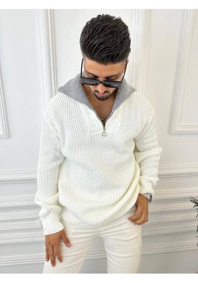 Elku Moda Kazak Dik Yaka Fermuarlı Örme Pamuk Tüylenmeyen Oversize Salaş Tarz Triko Kazak Beyaz Elku Moda Kazak Dik Yaka Fermuarlı Örme Pamuk Tüylenmeyen Oversize Salaş Tarz Triko Kazak Beyaz