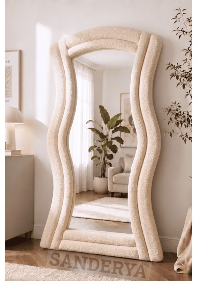 Lusso Krem Renk Kumaş Kaplamalı Dalgalı Kavisli Ayaklı Boy Aynası 182x87 Cm