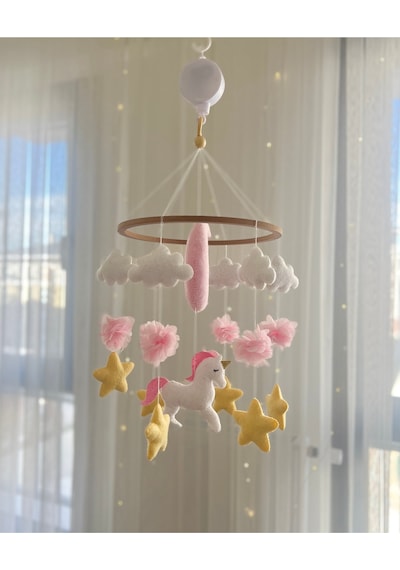Unicorn Figürlü Kız Bebek Beşik Süsü Müzikli Dönence