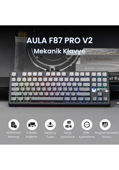 Aula F87 Pro V2 Mekanik Rgb Tkl Graywood V4 Switch Kablosuz Makrolu Hot Swap Klavye Gradyan Gri