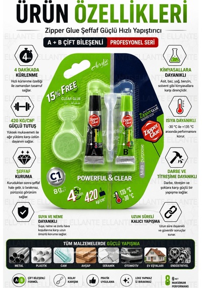 Zipper Glue Şeffaf Çift Bileşenli Güçlü Yapıştırıcı 8 Gr A+b Hızlı Metal Cam Plastik Seramik Ahşap T