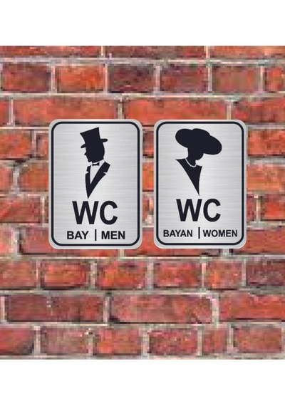 Şapkalı Women Men Bay Set Wc Yazılı Metal Yönlendirme Levhası 15x10 Cm 15x10cm