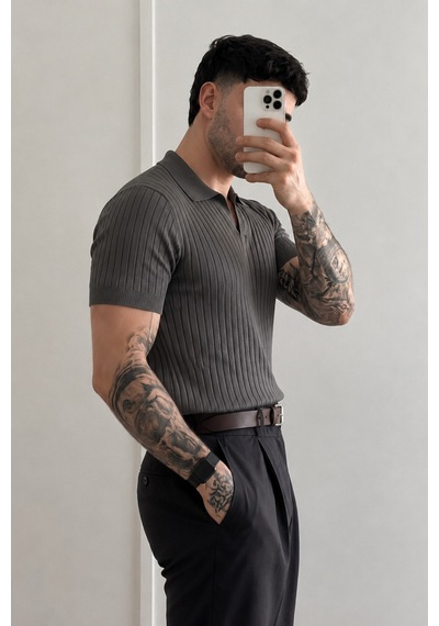 Tarz Cool Premium Fitilli Triko Polo Yaka Erkek Old Money T-shirt Füme