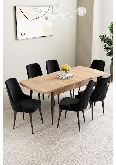 Clara Meşe Desen 80x132 Açılabilir Mdf Masa Yemek Odası Takımı,mutfak Takımı 6 Adet Sandalye Siyah Clara Meşe Desen 80x132 Açılabilir Mdf Masa Yemek Odası Takımı,mutfak Takımı 6 Adet Sandalye Siyah