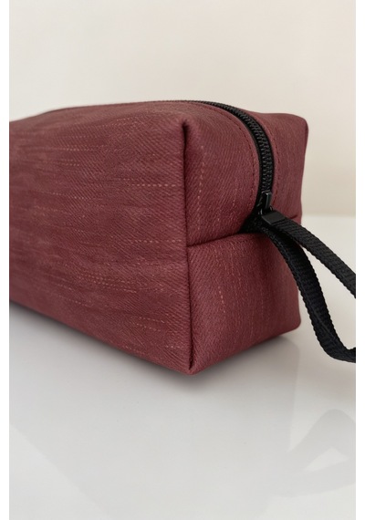 Bordo Keten Dokulu Kozmetik Çantası Çok Amaçlı Seyahat Organizer