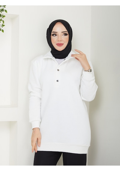 Raika Moda Kapşonlu 3 İplik Büyük Beden Tesettür Sweatshirt Ekru