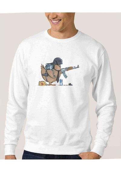 Pubg Pubg Tavuk Baskılı Beyaz Erkek Örme Sweatshirt