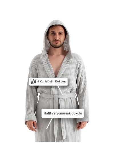 Unisex Kapşonlu 4 Kat Müslin Bornoz - Gri