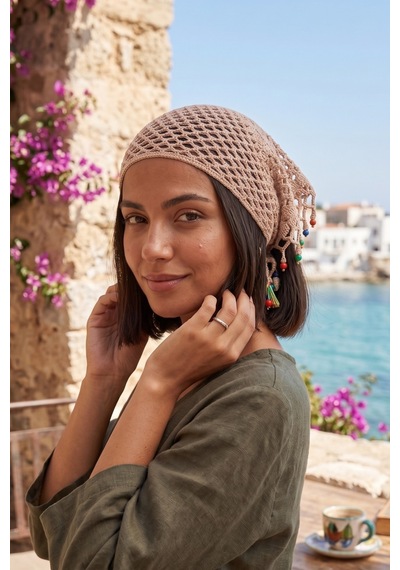 %100 El Örgüsü Boncuklu Bohem Kadın Bandana Saç Aksesuarı Krem 86914888