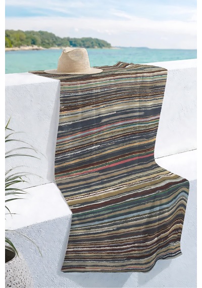 Çizgili Bohem Etnik Plaj Havlusu - Modern Akdeniz Stil Antrasit Bej Hızlı Kuruyan Mikrofiber Havlu Donuk Armut