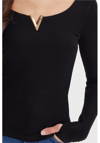 Tudors Kadın Slim Fit Dar Kesim Pamuklu Uzun Kollu V Yaka Siyah Tişört Bluz-50782