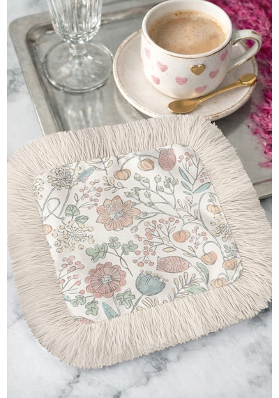 Romantik Çiçek Bahçesi Saçaklı Sunum Peçetesi-pastel Vintage Doğal Bohem Krem Bardak Altlığı Mendil Taş Mint