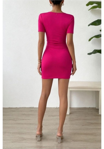 Store Krep Yaka Mini Elbise Kumaş Kalp Saks - 935902160 Saks
