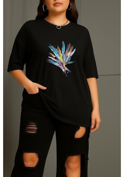 Büyük Beden Renkli Kuş Tüyü Baskılı Unisex Tişört SIYAH