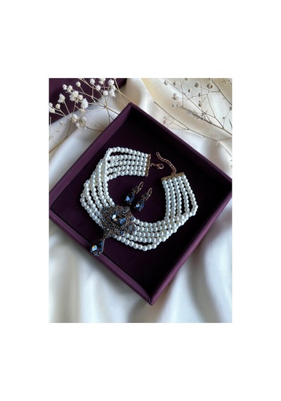 Baget Ve Su Damlası İnci Choker Tasma Kolye Ve Küpe Seti Beyaz